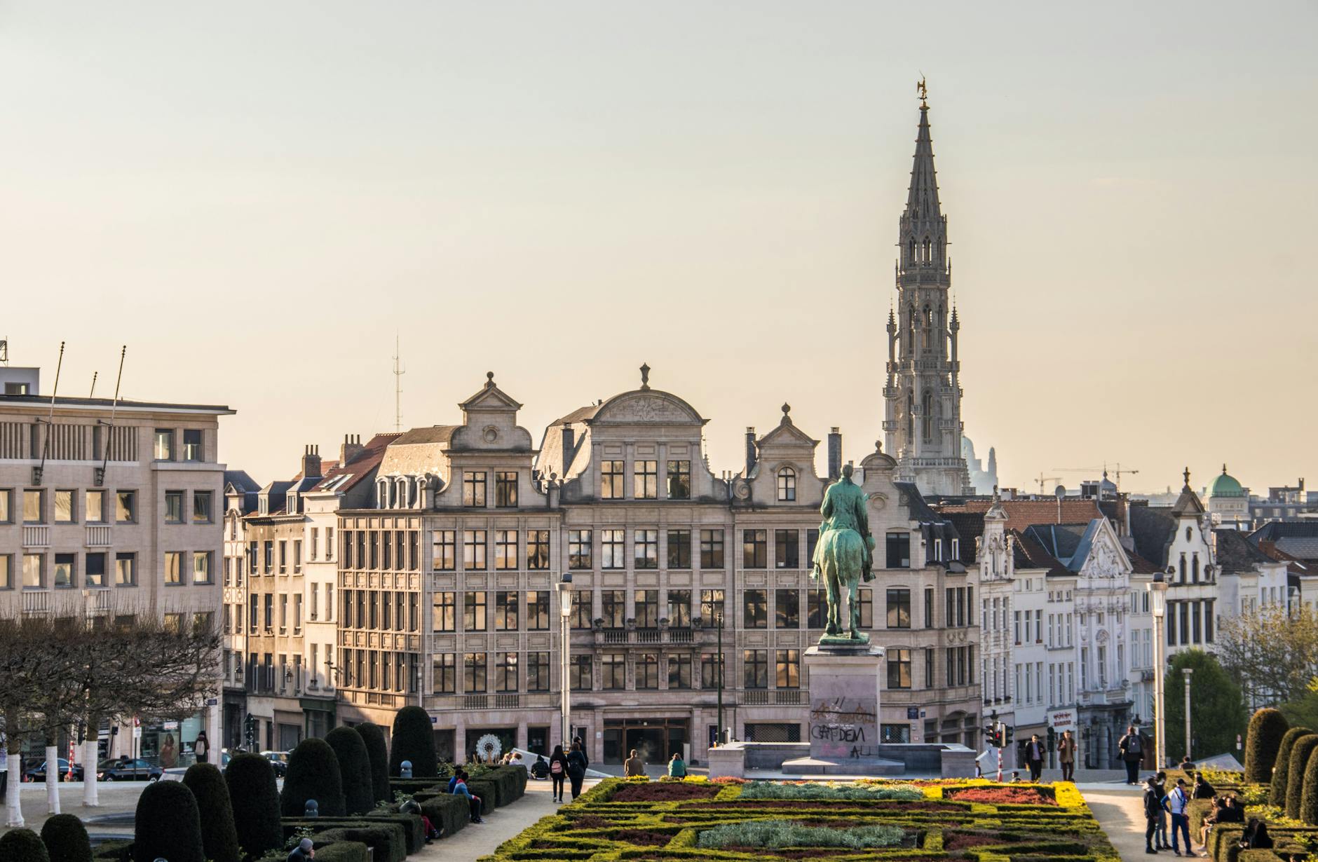 Tourists exploring and sightseeing in a European city with historic buildings